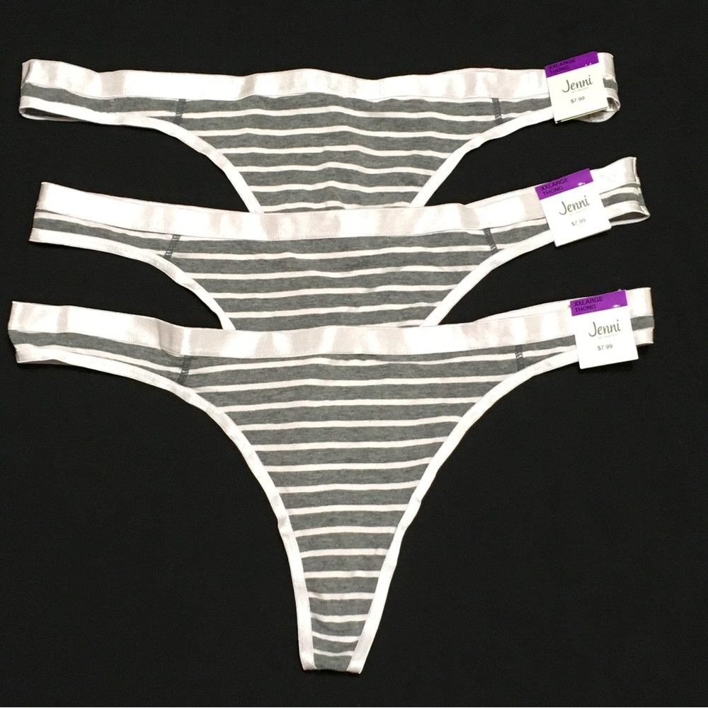 3- Jenni Intimates XXL Gray Simple Stripe Thong Underwear Bikini Panty